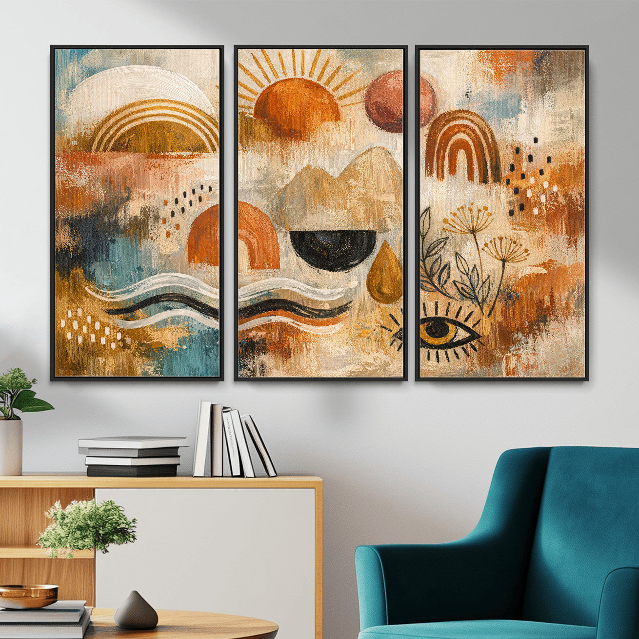 52155239-MGV-CV-36X24 - Geometric Boho Abstract Wall Art Canvas Print, Orange Blue Abstract Expressionist Painting Print, Modern Geometric Abstract Canvas Art