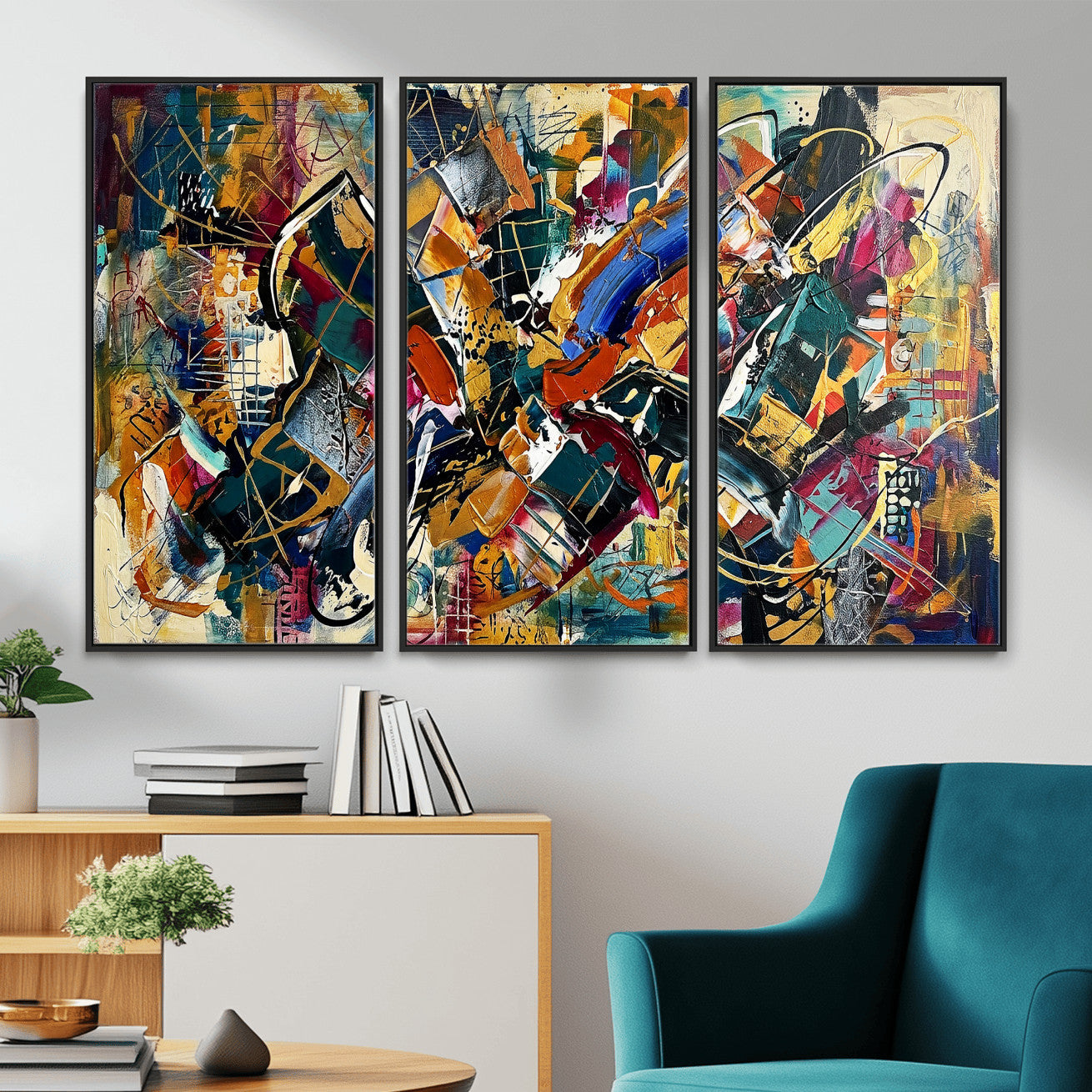 15525527-MGV-CV-36X24 - Geometric Abstract Wall Art Canvas Print, Orange Blue Abstract Expressionist Painting Print, Modern Geometric Abstract Canvas Art