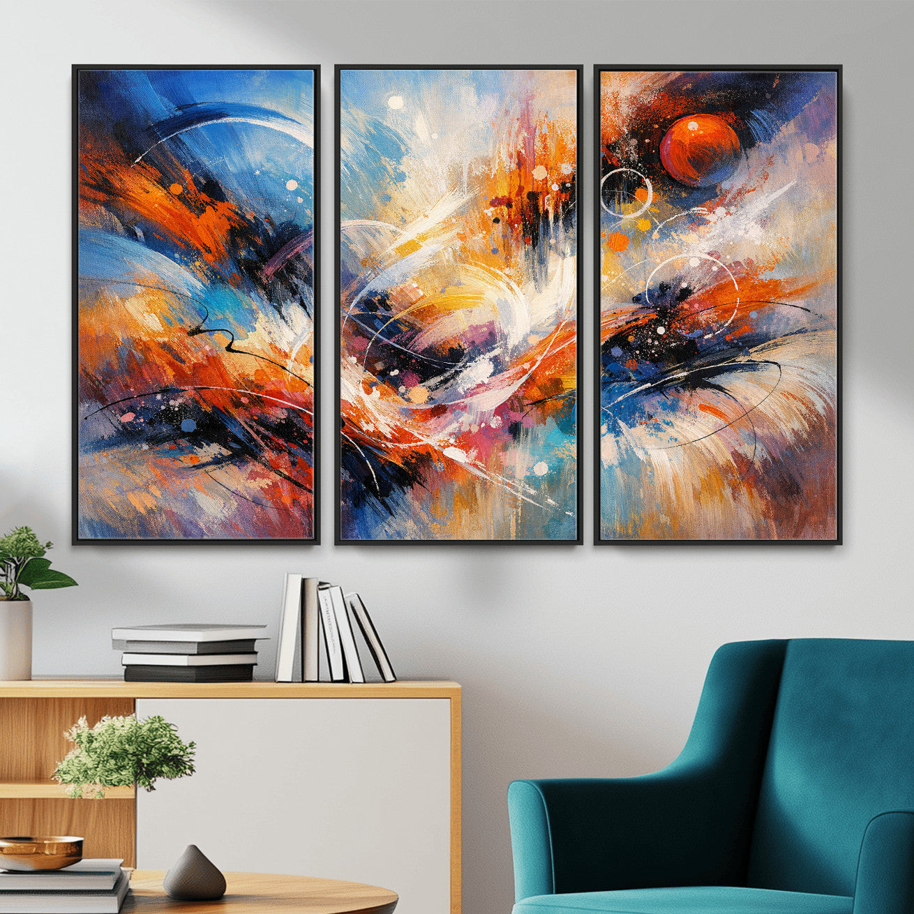 47770355-MGV-CV-36X24 - Geometric Abstract Wall Art Canvas Print, Orange Blue Abstract Expressionist Painting Print, Modern Geometric Abstract Canvas Art