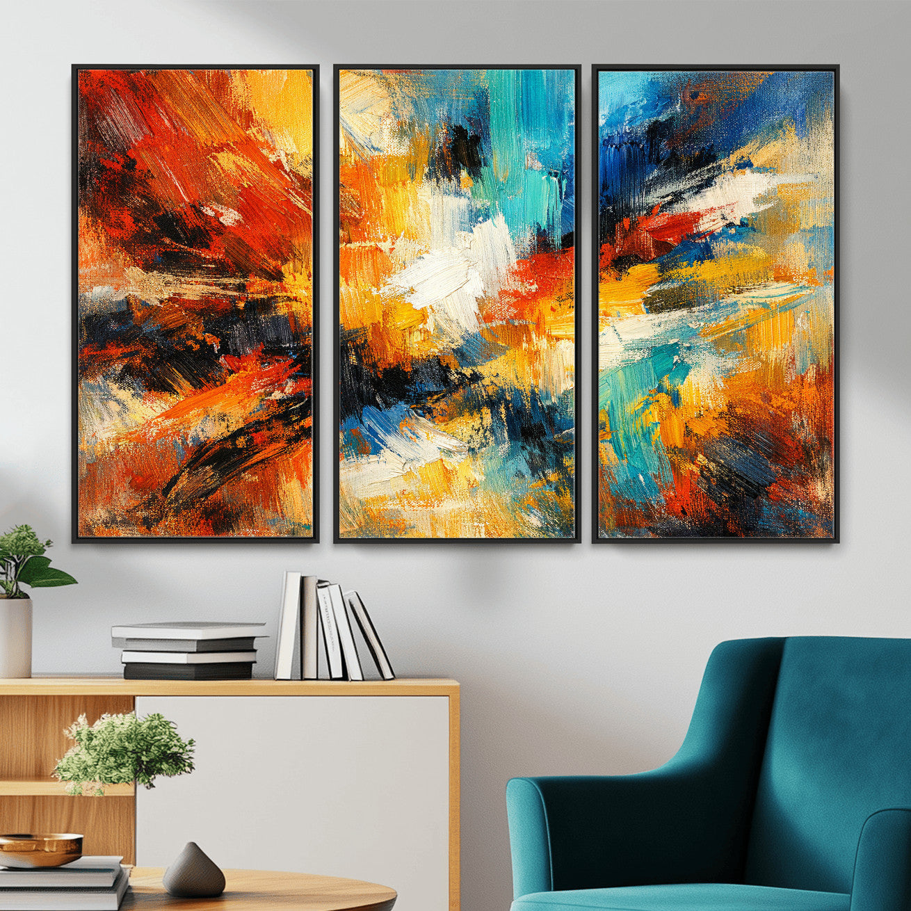 93167583-MGV-CV-36X24 - Geometric Abstract Wall Art Canvas Print, Orange Blue Abstract Expressionist Painting Print, Modern Geometric Abstract Canvas Art