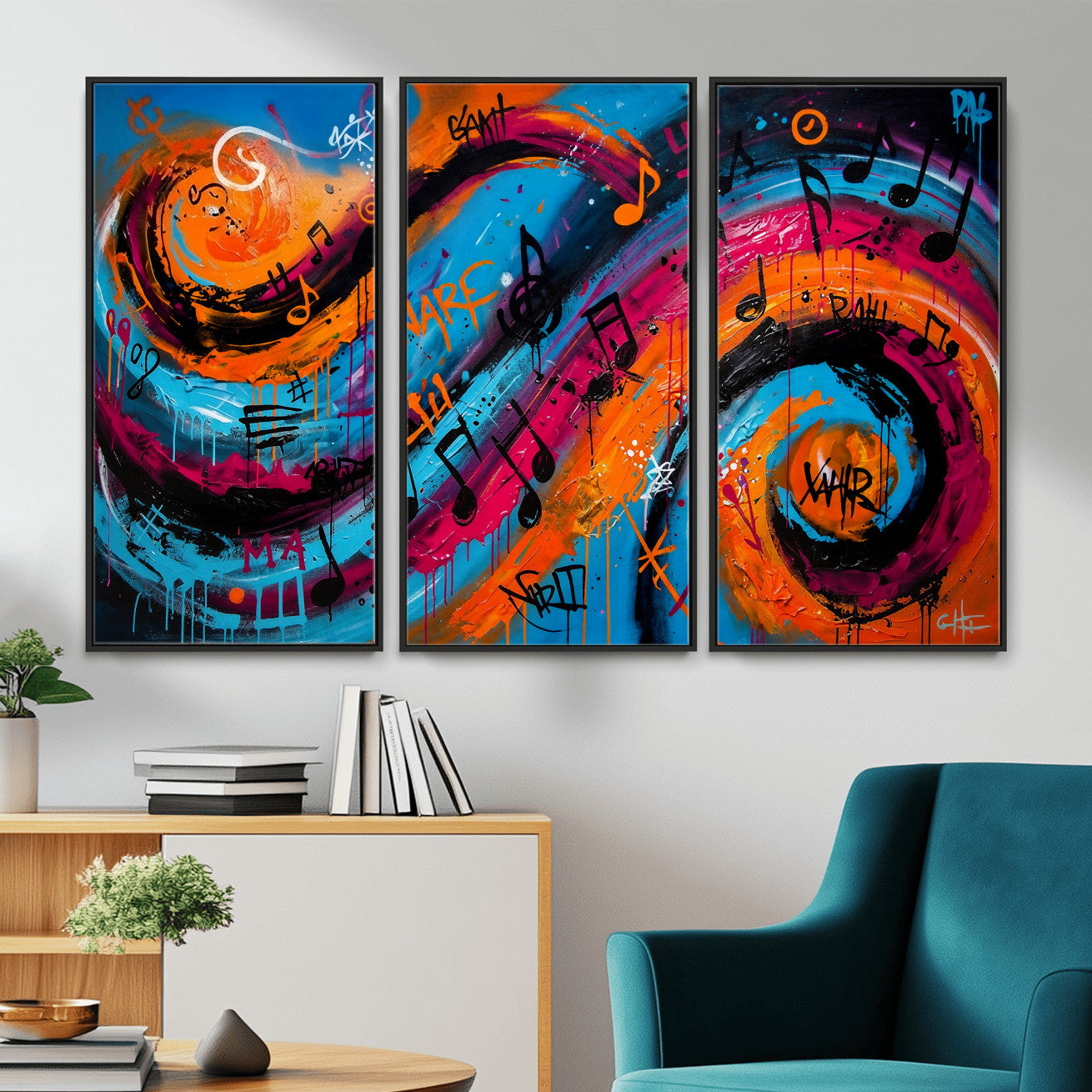 34936518-MGV-CV-36X24 - Geometric Abstract Wall Art Canvas Print, Orange Blue Abstract Expressionist Painting Print, Modern Geometric Abstract Canvas Art