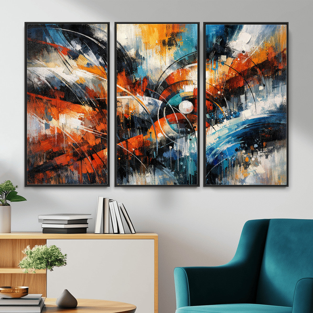 47120691-MGV-CV-36X24 - Geometric Abstract Wall Art Canvas Print, Orange Blue Abstract Expressionist Painting Print, Modern Geometric Abstract Canvas Art