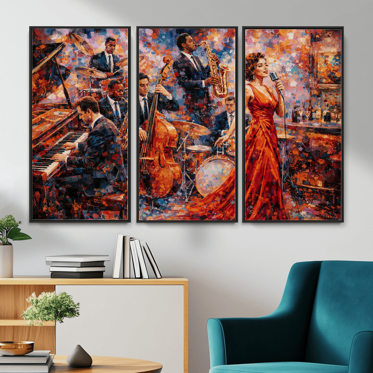 620930SF20-MGV-CV-36X24 - Jazz Band Canvas Wall Art — Jazz Club Singer Saxophone Print | Music Wall Decor | Bar Restaurant Art | Music Lover Gift | Jazz Home Decor