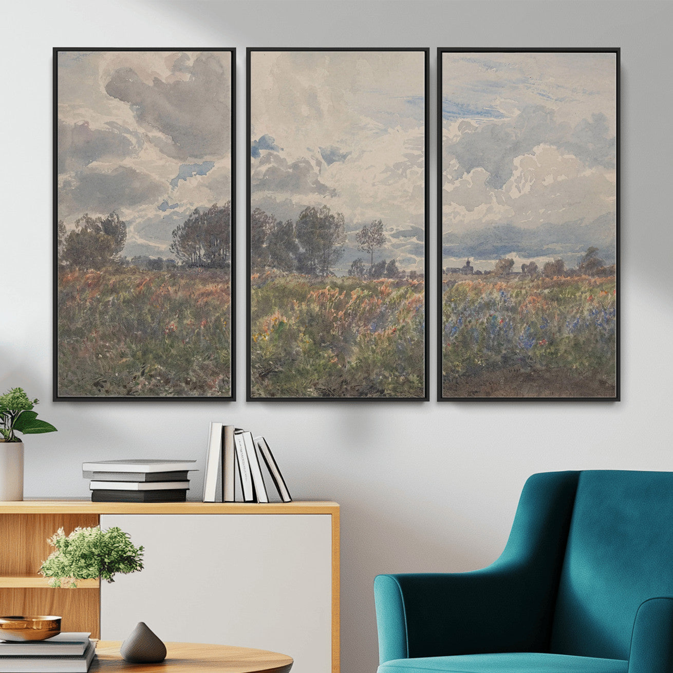 76626885-MGV-CV-36X24 - Vintage Watercolor Meadow Canvas Wall Art — English Pastoral Wildflower Storm Sky Print | Cottagecore Nature Decor | Classic Landscape Gift