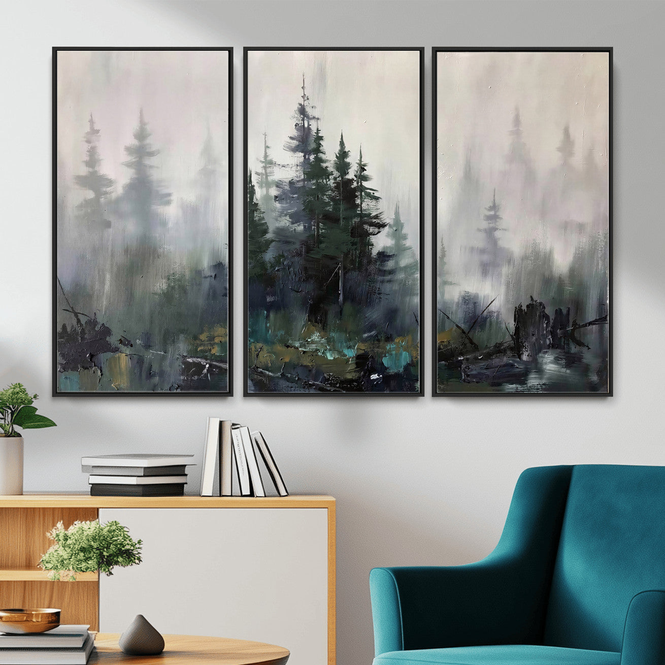 94143325-MGV-CV-36X24 - Misty Pine Forest Oil Painting Canvas — Dark Moody Teal Grey Tree Print | Japandi Scandinavian Wall Art | Minimalist Nature Decor Gift