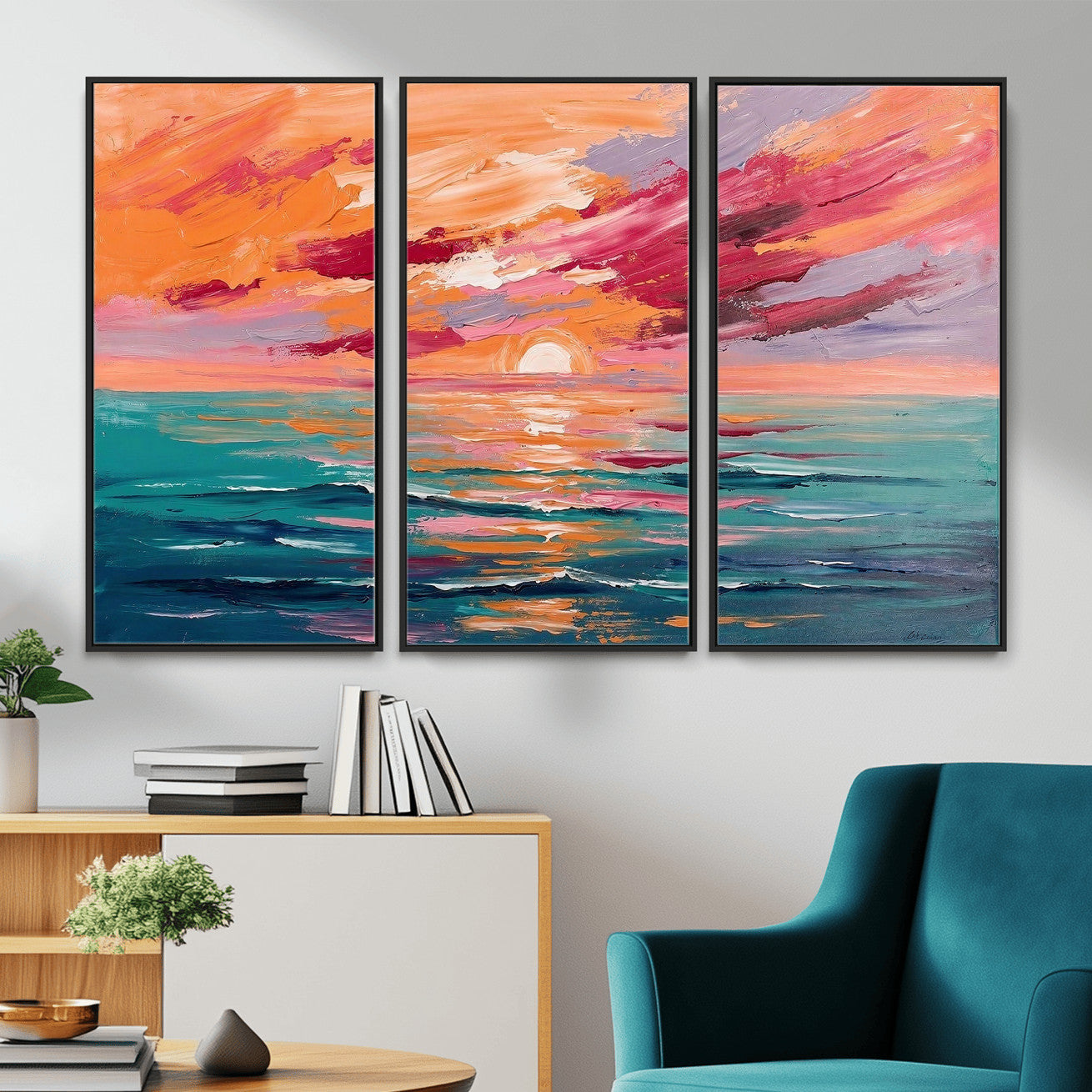 26763902-MGV-CV-36X24 - Bold Palette Knife Ocean Sunset Canvas — Orange Pink Teal Expressionist Sea Print | Colorful Coastal Wall Art | Vibrant Beach Decor Gift