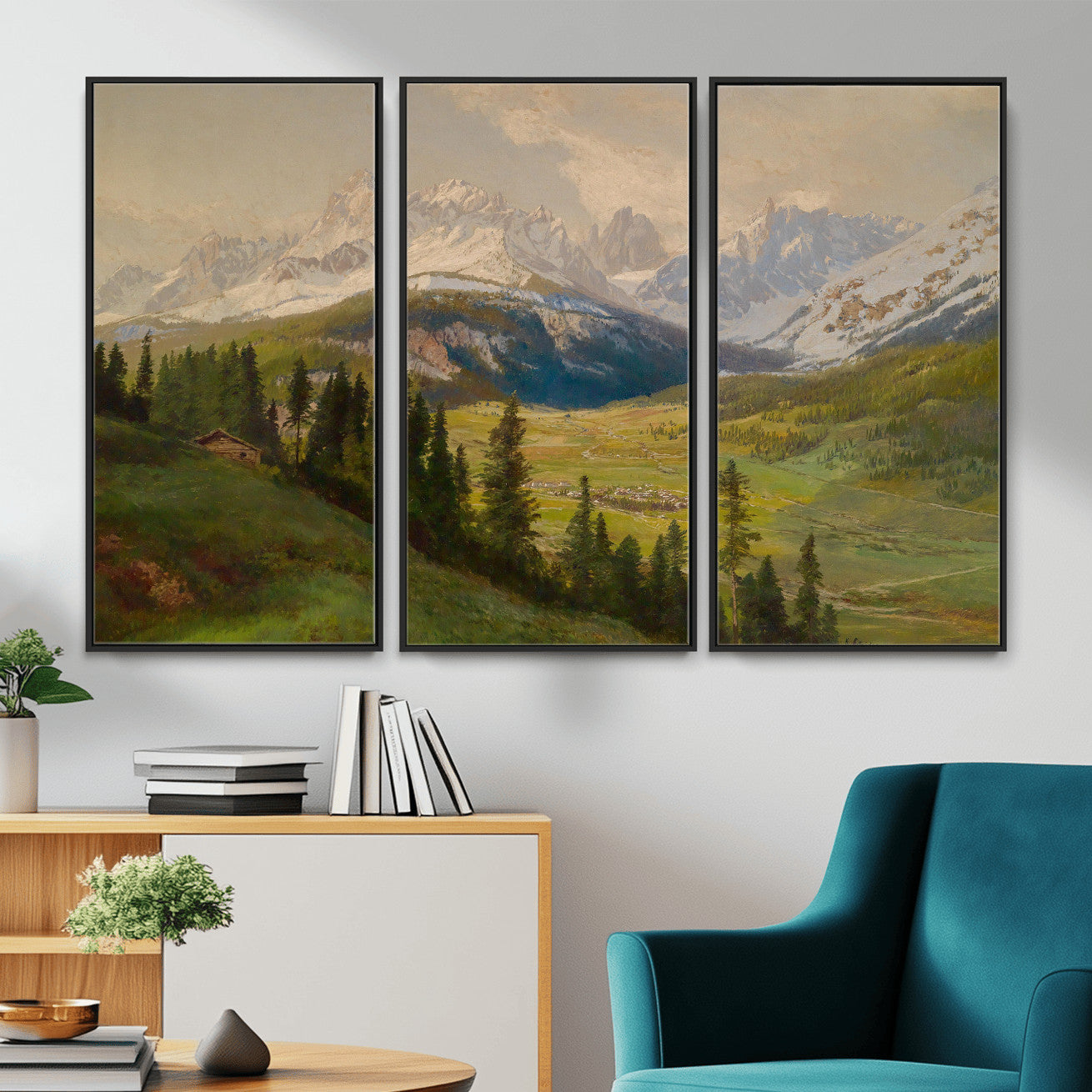 23120262-MGV-CV-36X24 - Konrad Petrides Sexten Village Canvas Print, Alpine Mountain Valley Painting, Dolomites Landscape Art