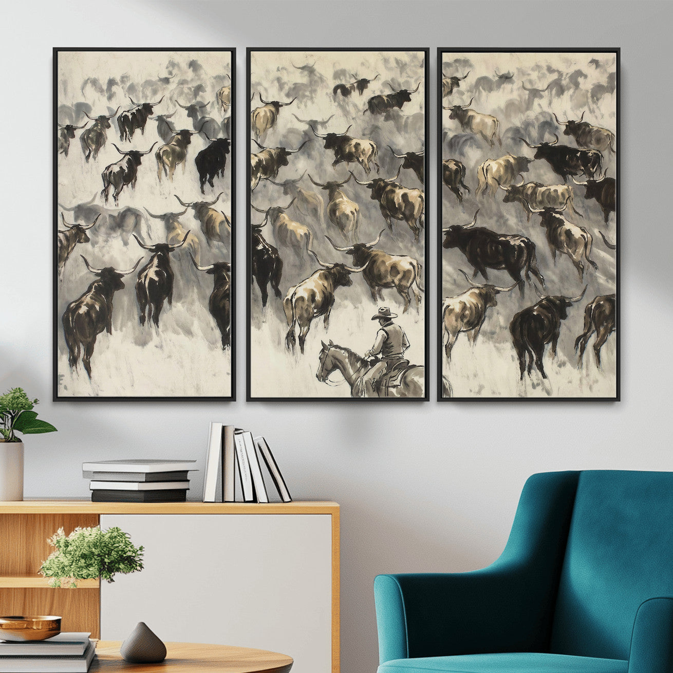 48049876-MGV-CV-36X24 - Cowboy Cattle Drive Canvas Wall Art, Western Longhorn Herd Ink Painting Print, Ranch Rodeo Decor, Black White Western Art, Large Living Room Art