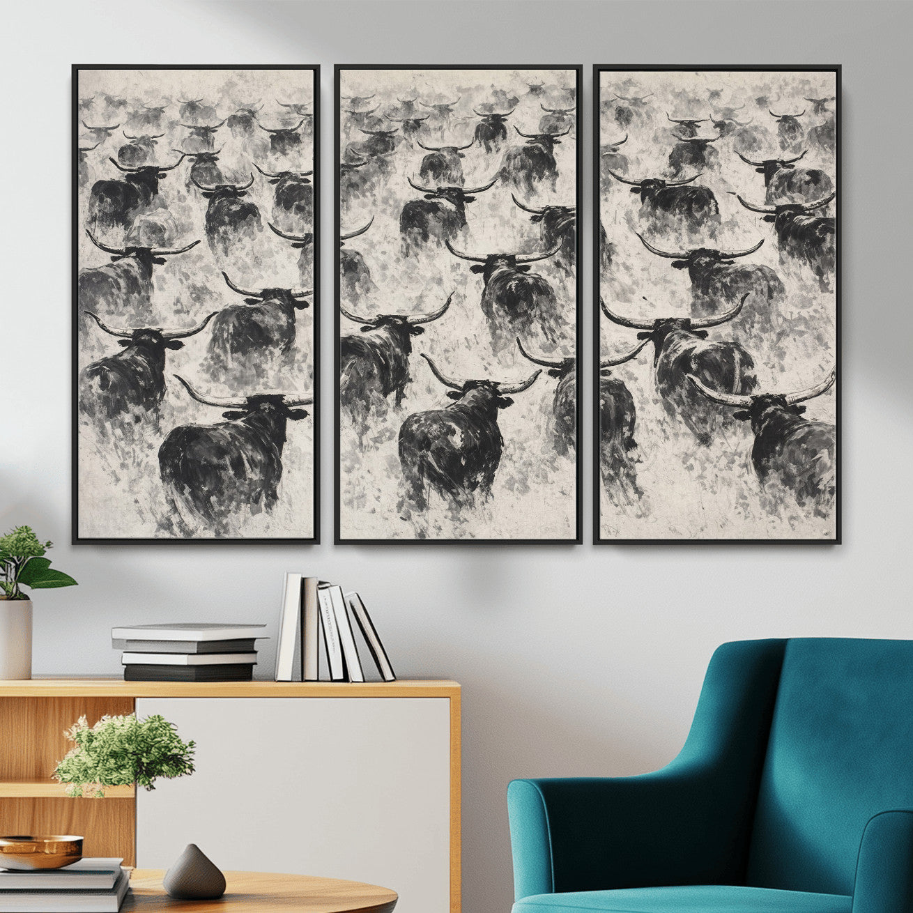 73328525-MGV-CV-36X24 - Texas Longhorn Drawing Canvas Wall Art, Western Cattle Stampede Painting Print, Warm Amber Ranch Decor, Rustic Cowboy Home Art, Large Living Room Decor