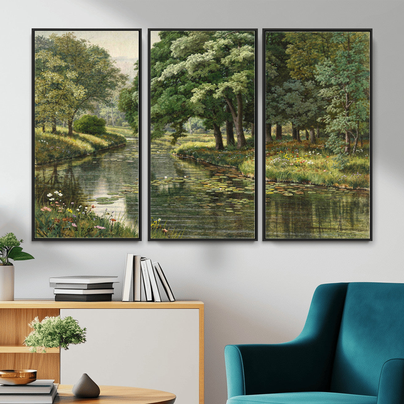 44288560-MGV-CV-36X24 - Forest Stream Canvas Wall Art, Peder Monsted A Forest Stream 1905 Print, Danish Realist Landscape, Lily Pad River Nature Decor, Vintage Green Painting