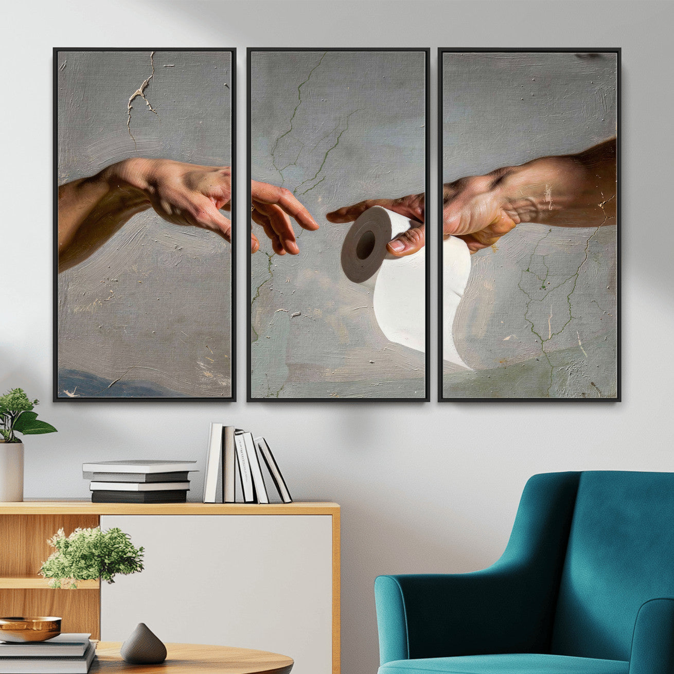 72030048-MGV-CV-36X24 - Funny Bathroom Wall Art Canvas, Creation of Toilet Paper Parody Print, Renaissance Humor Decor, Toilet Room Art, Quirky Housewarming Gift, Classic Art Spoof