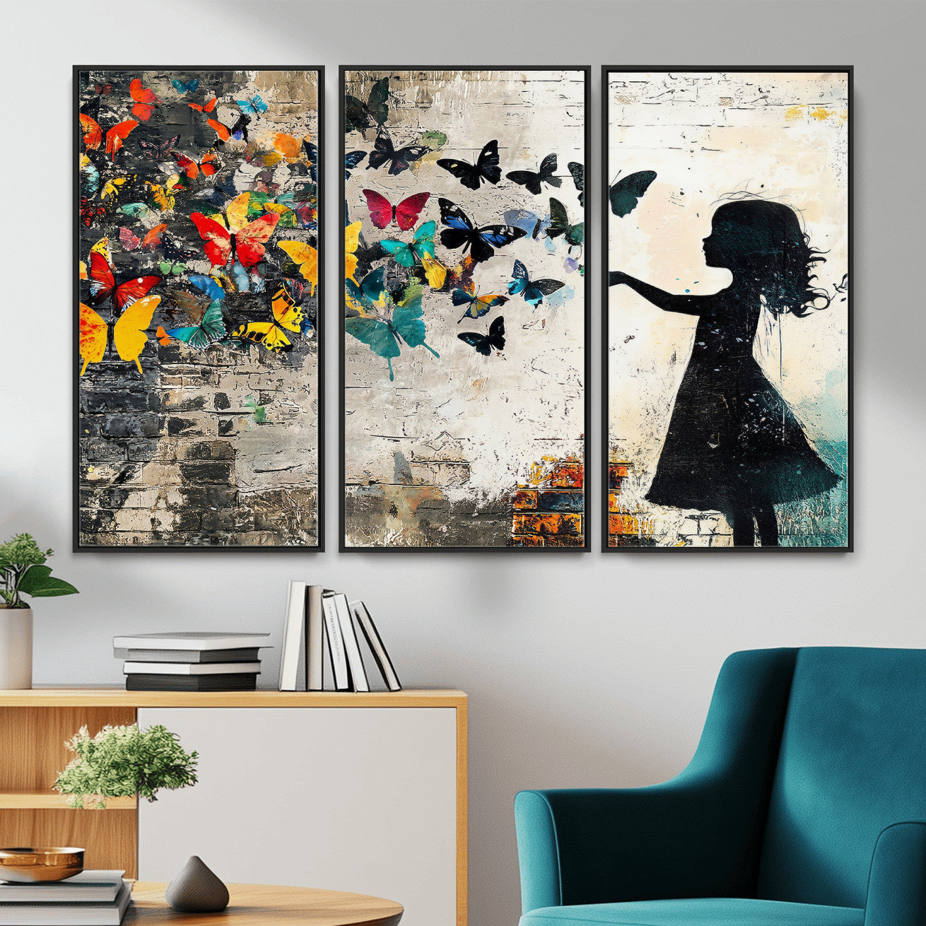 33909022-MGV-CV-36X24 - Banksy Butterfly Girl Wall Art Canvas Print, Framed Street Art Silhouette Graffiti Artwork, Colorful Butterfly Wall Decor for Living Room Bedroom Office