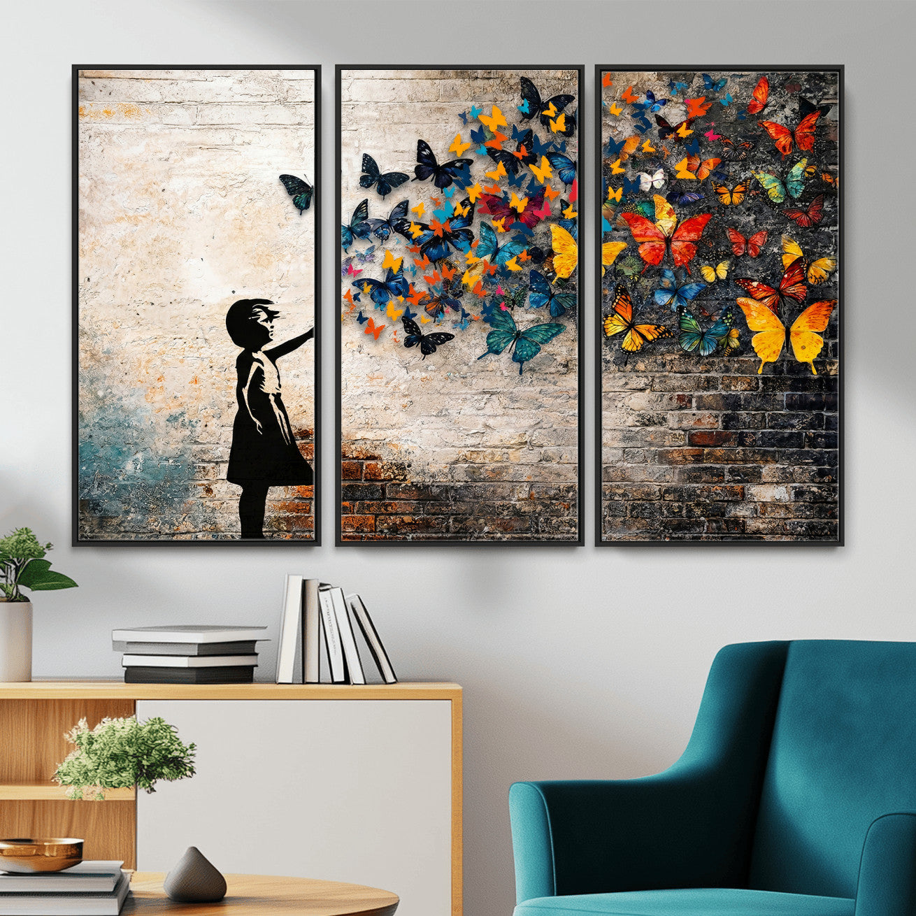 78760384-MGV-CV-36X24 - Banksy Graffiti Butterfly Girl Wall Art Canvas Print, Framed Street Art Canvas Print, Silhouette Butterfly Wall Art for Living Room Bedroom Office