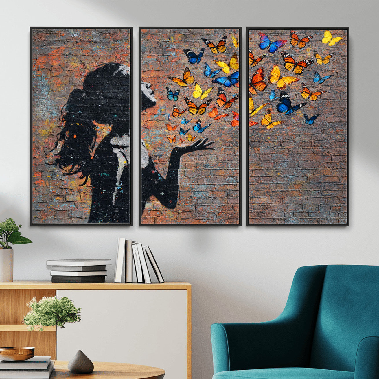 10555939-MGV-CV-36X24 - Urban Banksy Butterfly Girl Wall Art Canvas Print, Framed Street Art Canvas Print, Graffiti Silhouette Butterfly Wall Art for Living Room Bedroom Office