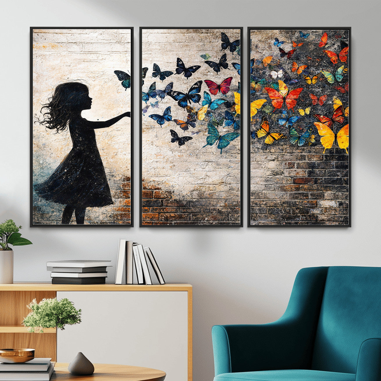 70522594-MGV-CV-36X24 - Banksy Butterfly Girl Wall Art Canvas Print, Framed Street Art Canvas Print, Graffiti Silhouette Butterfly Wall Art for Living Room Bedroom Office