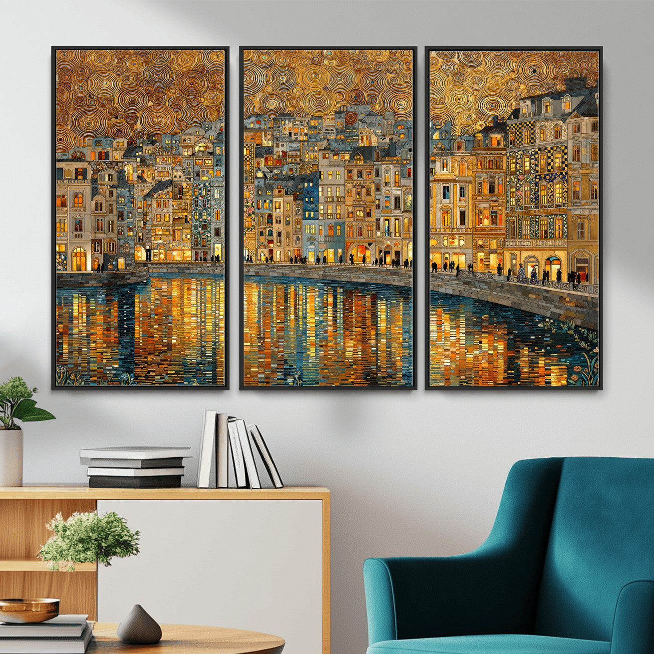 94022787-MGV-CV-36X24 - Gustav Klimt Golden Cityscape Wall Art Canvas Print, Framed River Town Landscape Artwork, Ornate Architecture Wall Decor for Living Room Bedroom Office