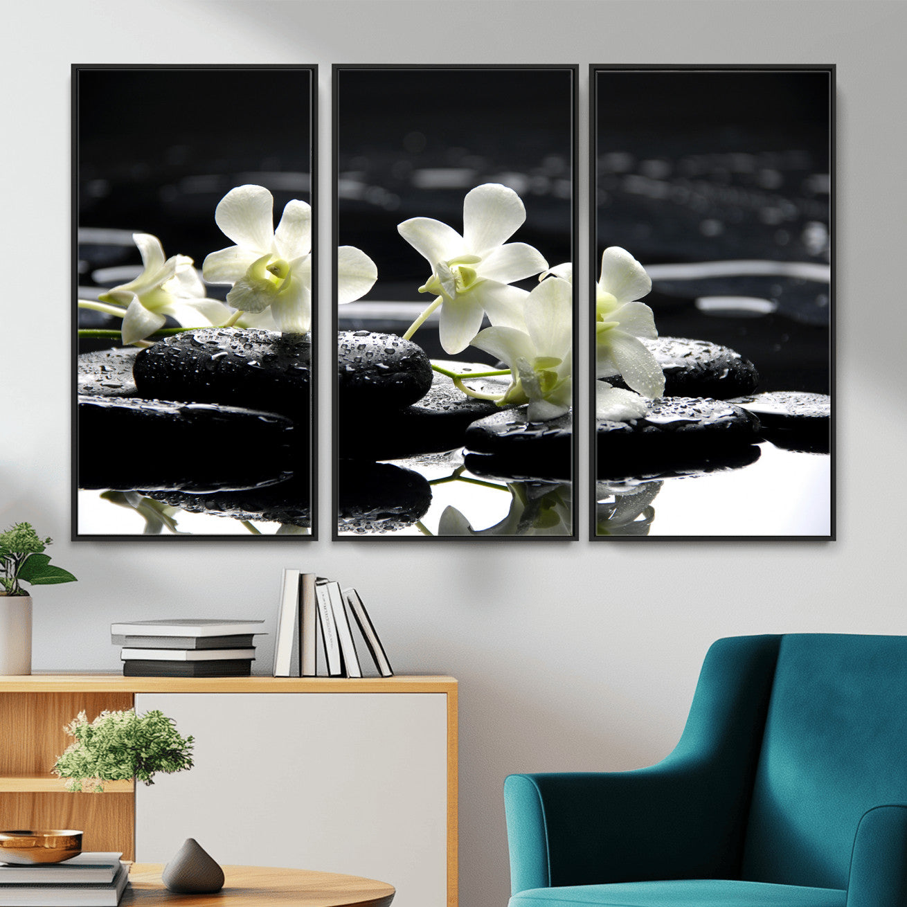 79486206-MGV-CV-36X24 - Plumeria Frangipani Black Stone Canvas | White Flower Spa Photography Print | Tropical Zen Wall Art | Grey Pebble Floral for Meditation Room Decor