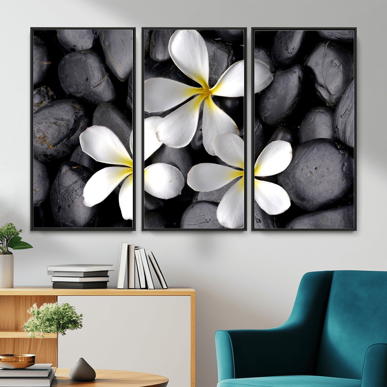 43639613-MGV-CV-36X24 - Plumeria Frangipani Black Stone Canvas | White Flower Spa Photography Print | Tropical Zen Wall Art | Grey Pebble Floral Decor