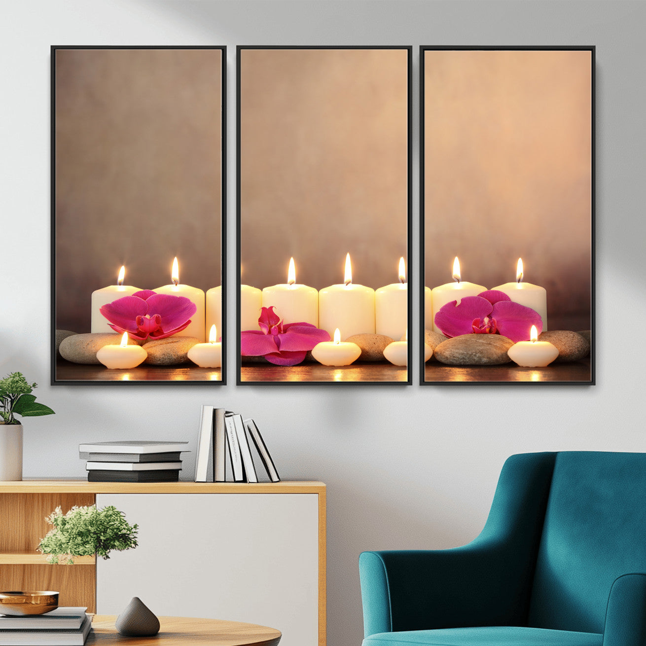59470569-MGV-CV-36X24 - Spa Candles Orchid Canvas Print | Zen Wellness Relaxation Wall Art | Pink Flower Candlelight Bathroom Decor | Calm Beige Photography