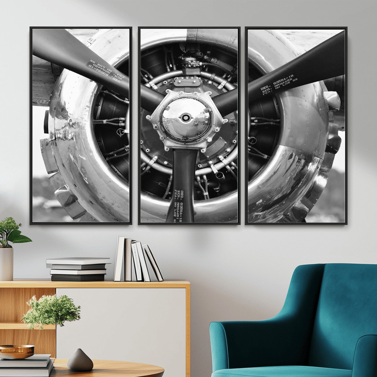 73322230-MGV-CV-36X24 - Vintage Propeller Plane Wall Art Canvas Print, Black and White Airplane Engine Close Up Framed Aviation Artwork for Pilot Office Hangar Decor