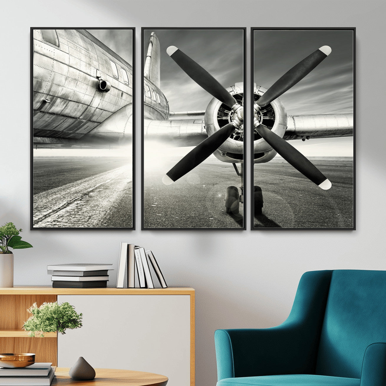 16420255-MGV-CV-36X24 - Vintage Airplane Wall Art Canvas Print, Black and White Propeller Aircraft Framed Aviation Artwork for Pilot Office Hangar Living Room Decor