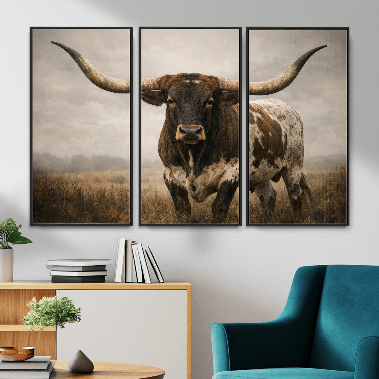 17622011L-MGV-CV-36X24 - Longhorn Bull Wall Art Canvas Print, Western Farmhouse Cowboy Decor, Rustic Texas Ranch Cattle Artwork for Living Room Bedroom Office, Framed Wall Decor
