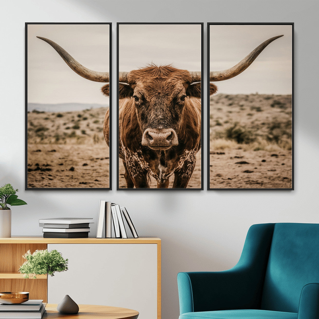 17622011K-MGV-CV-36X24 - Texas Longhorn Bull Wall Art Canvas Print, Western Farmhouse Cowboy Decor, Rustic Texas Ranch Cattle Artwork for Living Room Bedroom Office, Framed Wall Decor
