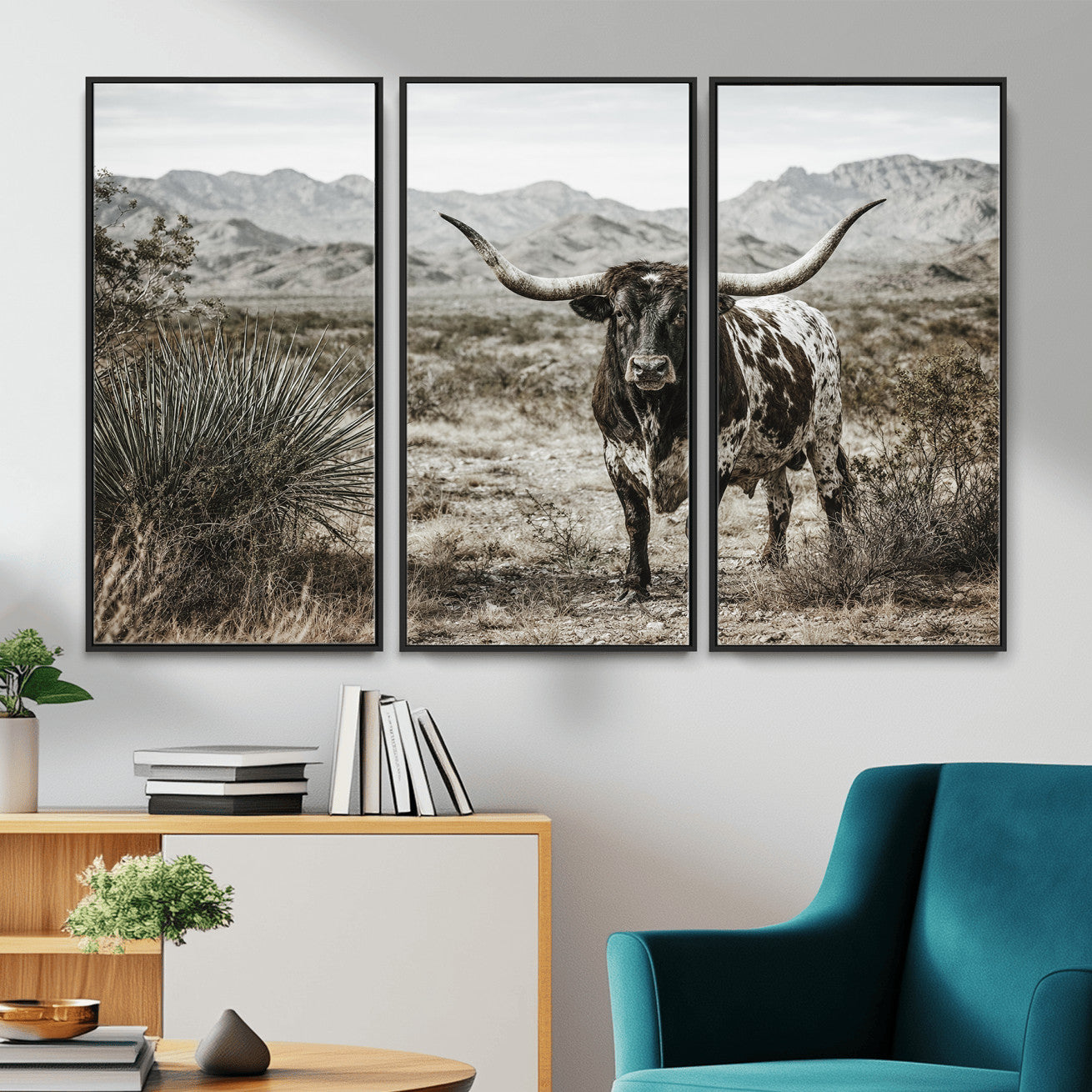17622011H-MGV-CV-36X24 - Texas Longhorn Bull Wall Art Canvas Print, Western Farmhouse Cowboy Decor, Rustic Texas Ranch Cattle Artwork for Living Room Bedroom Office, Framed Wall Decor