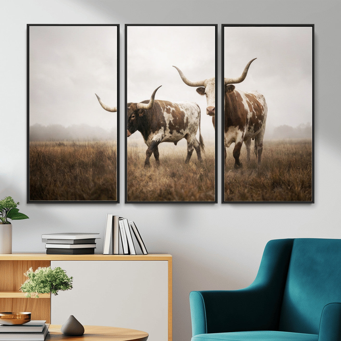 92881702-MGV-CV-36X24 - Texas Longhorn Canvas Wall Art Western Bull Desert Moody Grey Overcast Rustic Farmhouse Framed Large for Living Room Bedroom Office Decor