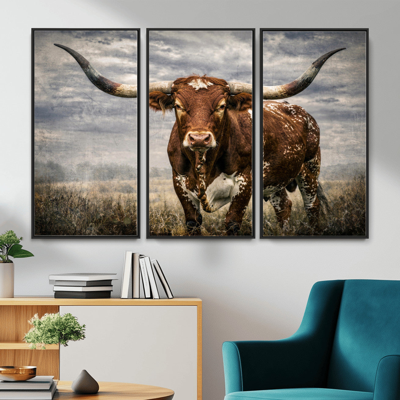 14372769-MGV-CV-36X24 - Texas Longhorn Canvas Wall Art Western Bull Desert Moody Grey Overcast Rustic Farmhouse Framed Large for Living Room Bedroom Office Decor