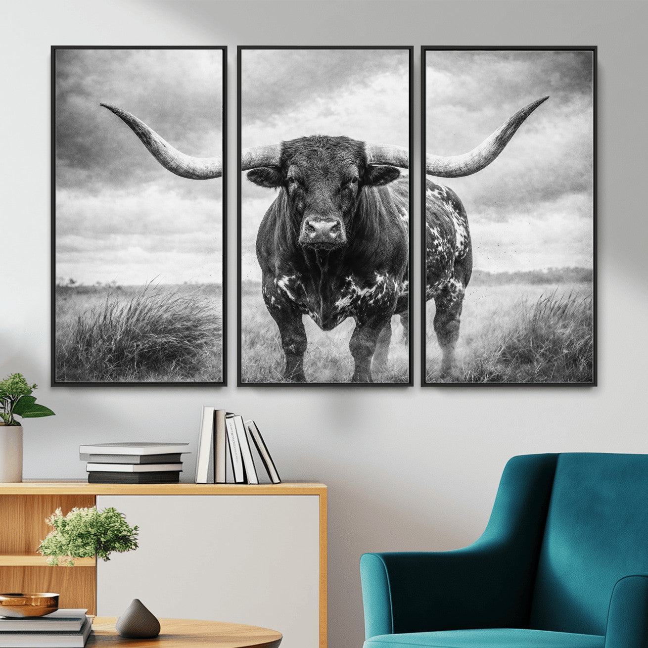 19951238-MGV-CV-36X24 - Texas Longhorn Canvas Wall Art Western Bull Desert Moody Grey Overcast Rustic Farmhouse Framed Large for Living Room Bedroom Office Decor