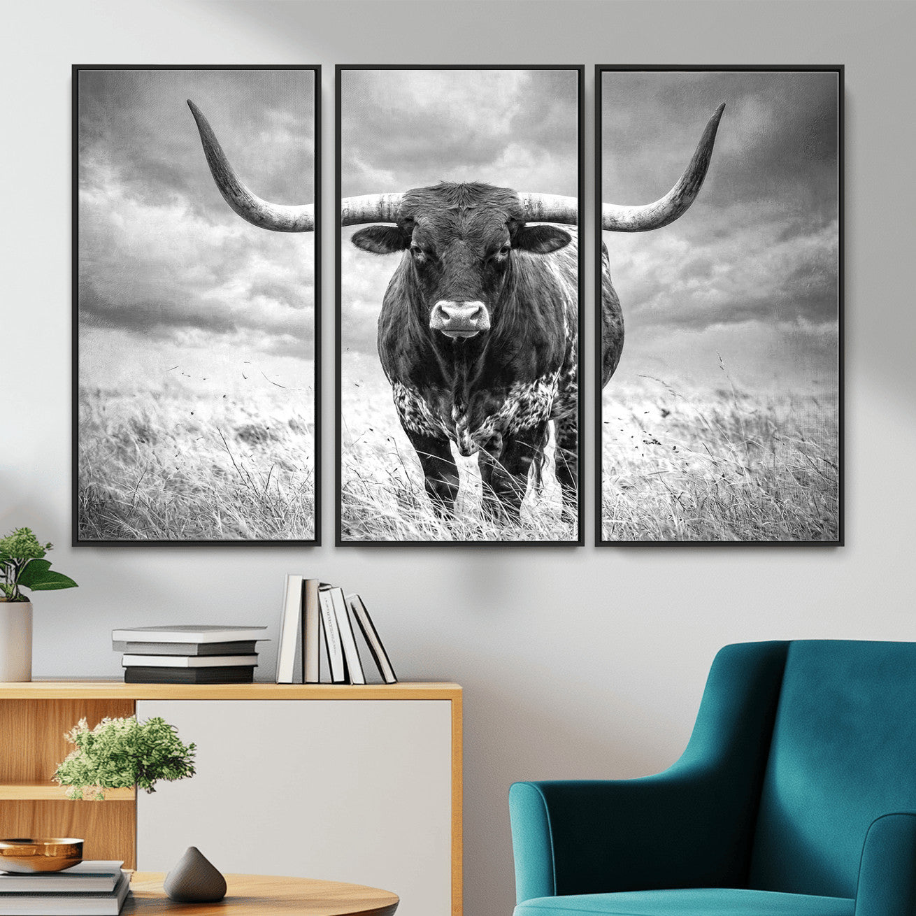 63336115-MGV-CV-36X24 - Texas Longhorn Canvas Wall Art Western Bull Desert Moody Grey Overcast Rustic Farmhouse Framed Large for Living Room Bedroom Office Decor