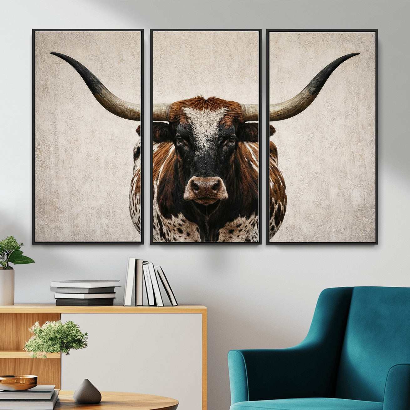 58622065-MGV-CV-36X24 - Texas Longhorn Canvas Wall Art Western Bull Desert Moody Grey Overcast Rustic Farmhouse Framed Large for Living Room Bedroom Office Decor