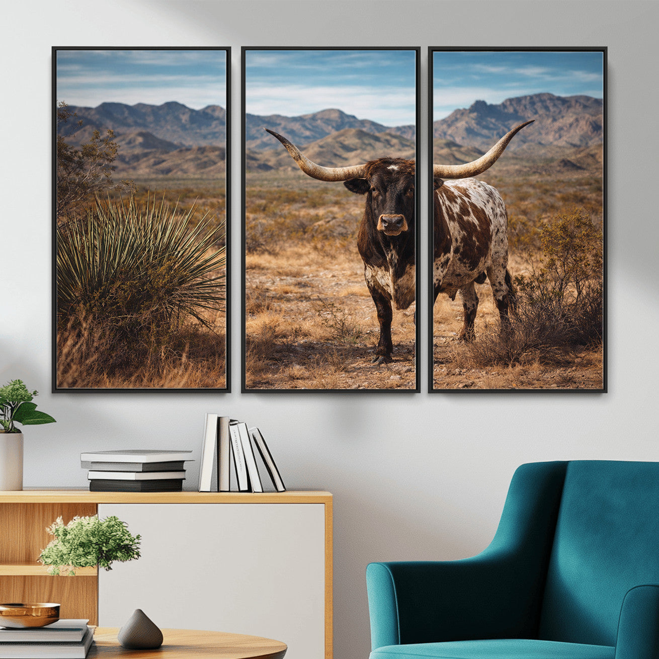 26448918-MGV-CV-36X24 - Texas Longhorn Canvas Wall Art Western Bull Desert Moody Grey Overcast Rustic Farmhouse Framed Large for Living Room Bedroom Office Decor
