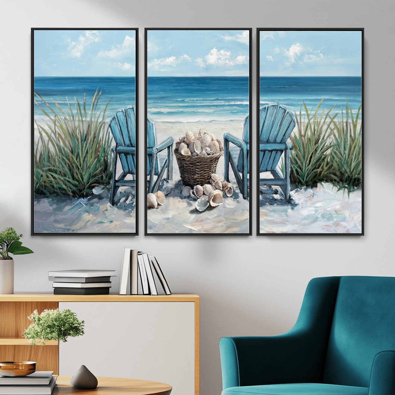 11973028-MGV-CV-36X24 - Beach Canvas Wall Art Coastal Adirondack Chairs Ocean Seashells Blue Nautical Framed Large for Living Room Bedroom Bathroom Decor