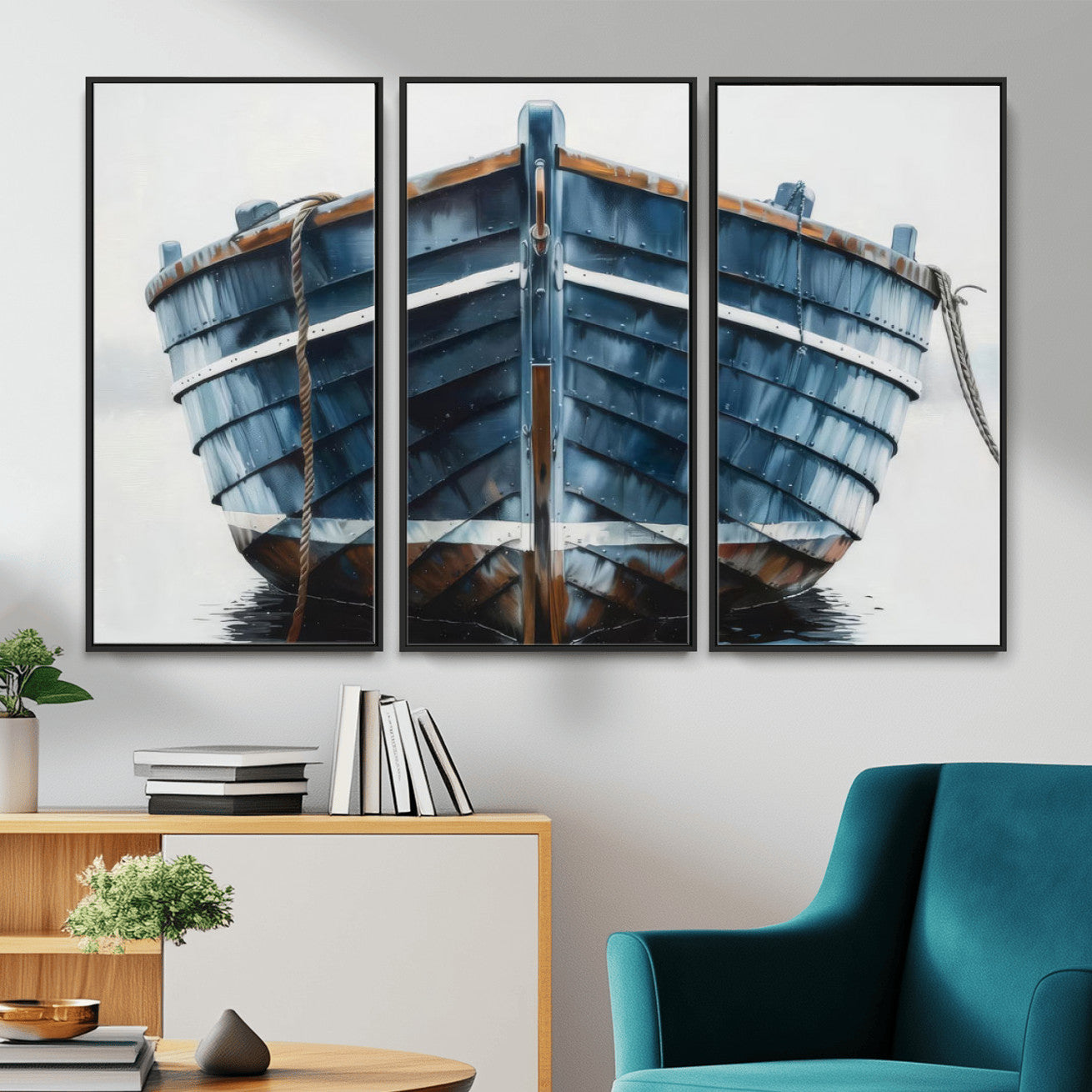 21601740-MGV-CV-36X24 - Blue Wooden Rowboat Canvas Wall Art, Coastal Nautical Boat Painting Print for Lake Beach House Decor, Minimalist Maritime Decor Artwork