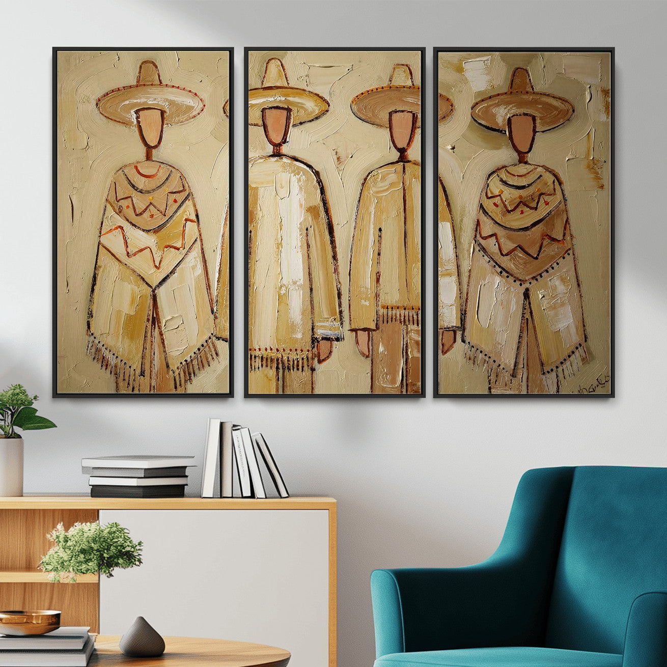 46071653-MGV-CV-36X24 - Mexican Folk Art Canvas Wall Art, Charro Poncho Sombrero Painting Print, Neutral Beige Boho Decor, Southwestern Impasto Style, Living Room Art