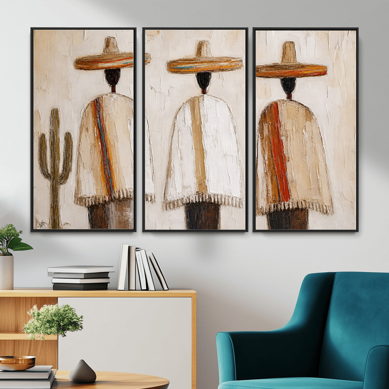 72884785-MGV-CV-36X24 - Mexican Folk Art Canvas Wall Art, Southwestern Sombrero Poncho Painting, Neutral Earthy Boho Decor, Fiesta Living Room Art, Impasto Style Print