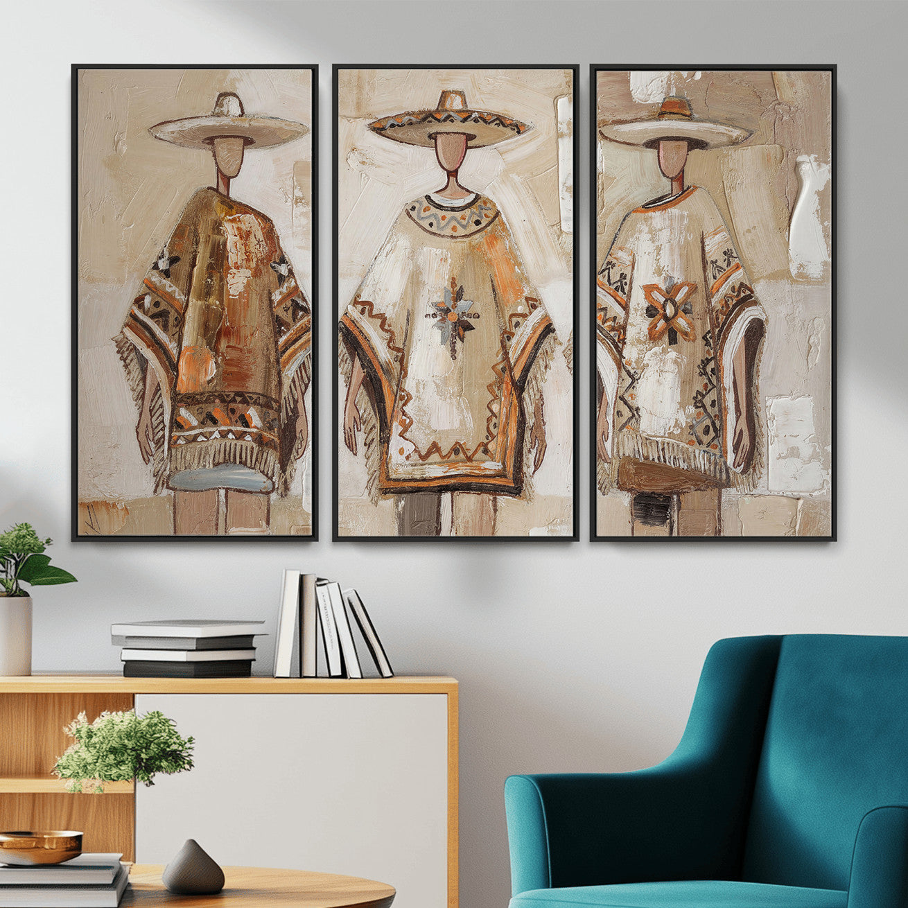 85373290-MGV-CV-36X24 - Mexican Folk Art Canvas Wall Art, Charro Poncho Sombrero Painting Print, Neutral Beige Boho Decor, Southwestern Impasto Style, Living Room Art