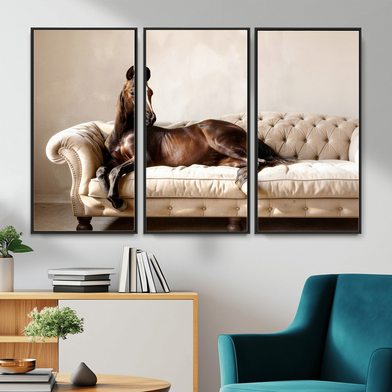17716841-MGV-CV-36X24 - Funny Horse on Sofa Canvas Wall Art, Quirky Horse Lounging Photo Print, Whimsical Animal Decor, Living Room Conversation Art, Horse Lover Gift