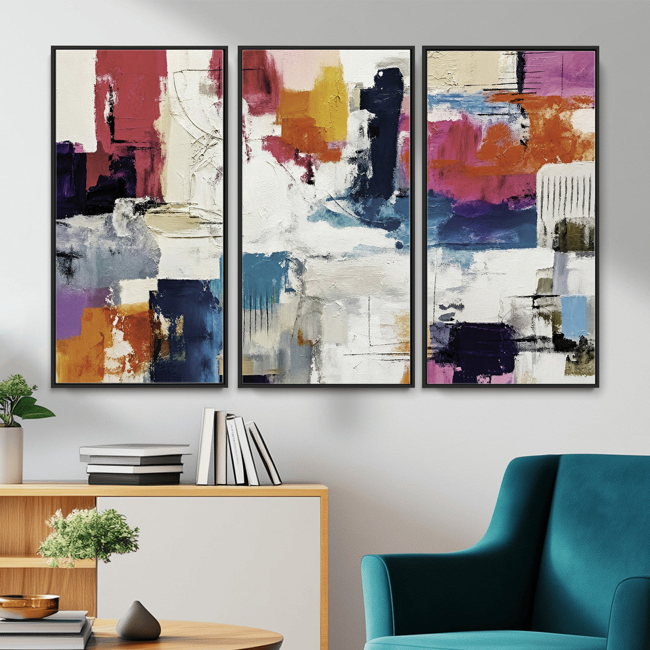 57864023-MGV-CV-36X24 - Blue Teal Abstract Canvas Wall Art, Modern Textured Painting Print, Navy Orange White Contemporary Art, Neutral Living Room Decor, Office Art
