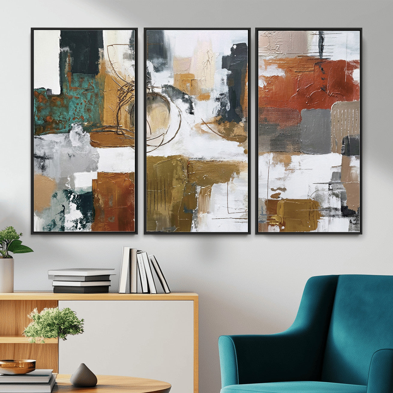 50720312-MGV-CV-36X24 - Blue Teal Abstract Canvas Wall Art, Modern Textured Painting Print, Navy Orange White Contemporary Art, Neutral Living Room Decor, Office Art