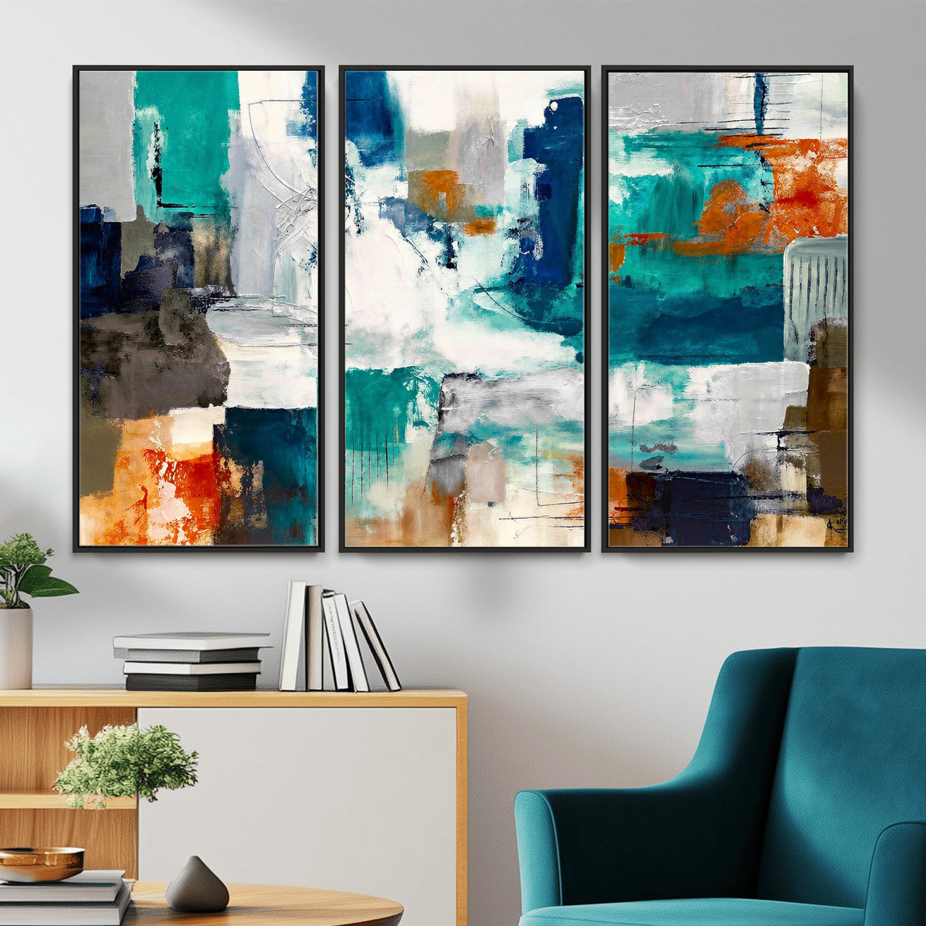 44038089-MGV-CV-36X24 - Blue Teal Abstract Canvas Wall Art, Modern Textured Painting Print, Navy Orange White Contemporary Art, Neutral Living Room Decor, Office Art