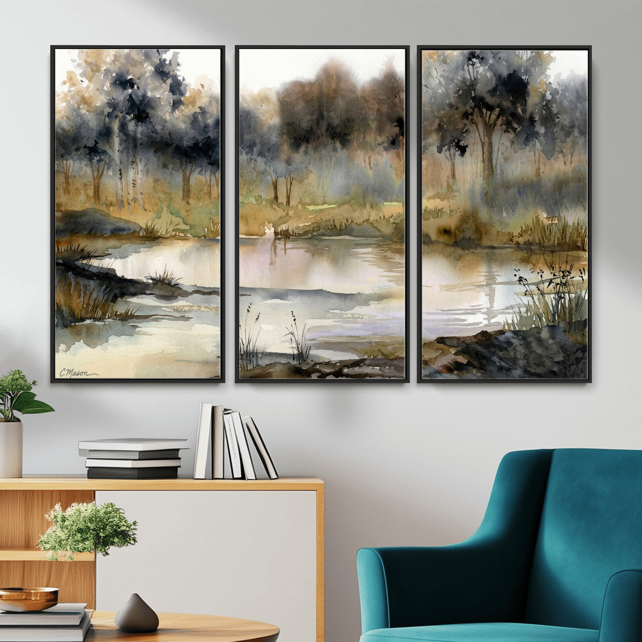 27383609-MGV-CV-36X24 - Abstract WatercolorAutumn Lake Canvas Wall Art Print, Misty Forest Landscape, Rustic Nature Painting, Cabin Wall Decor, Ready to Hang