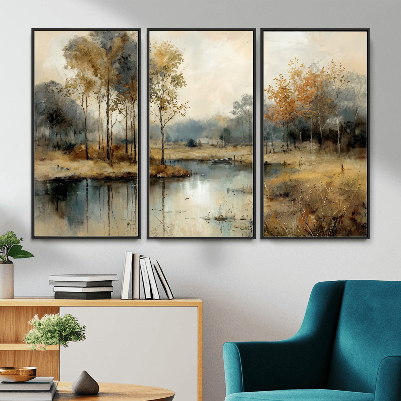 74391095-MGV-CV-36X24 - Abstract WatercolorAutumn Lake Canvas Wall Art Print, Misty Forest Landscape, Rustic Nature Painting, Cabin Wall Decor | Ready to Hang