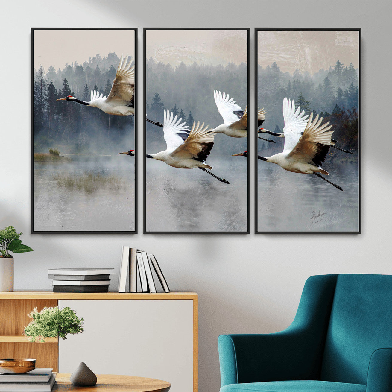 24356826-MGV-CV-36X24 - Flying Crane Canvas Wall Art Print, White Crane Bird Artwork, Wildlife Nature Decor, Lake Landscape Canvas, Ready to Hang