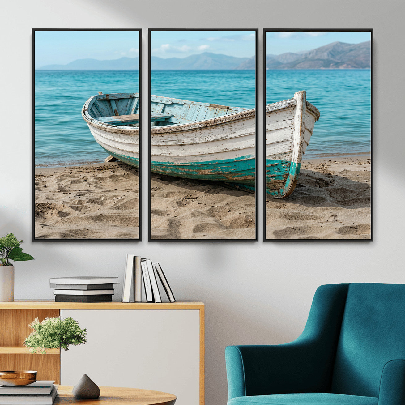 49963709-MGV-CV-36X24 - Coastal Boat Canvas Wall Art Print, Beach Boat Painting, Nautical Ocean Decor, Seascape Wall Art - Ready to Hang