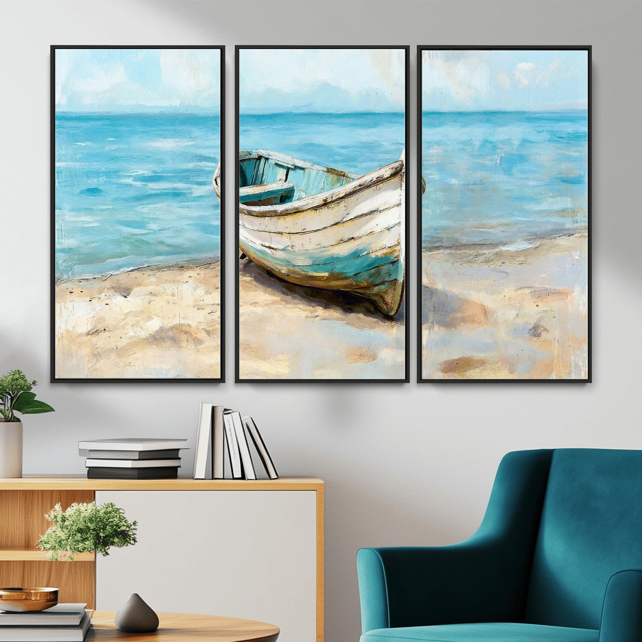 14780565-MGV-CV-36X24 - Coastal Boat Canvas Wall Art Print, Beach Boat Painting, Nautical Ocean Decor, Seascape Wall Art - Ready to Hang
