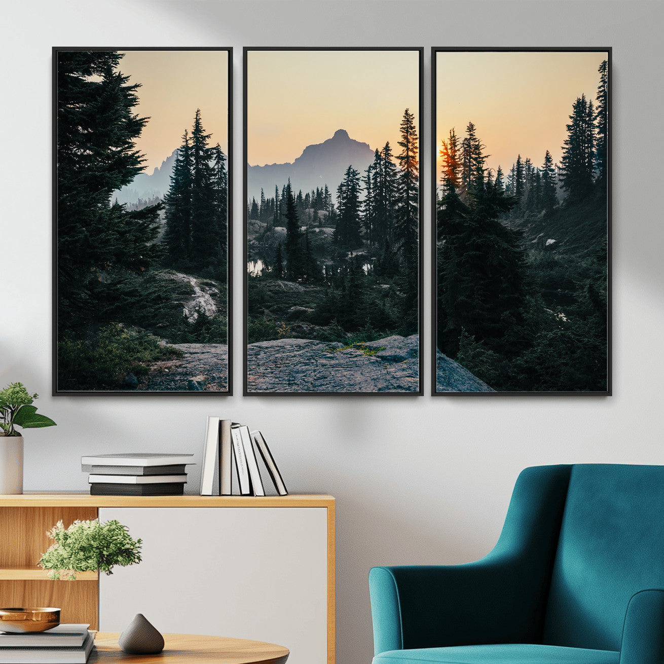 89996020-MGV-CV-36X24 - Mountain Forest Canvas Wall Art Print, Pine Tree Landscape, Sunset Nature Photography, Wilderness Wall Decor, Ready to Hang