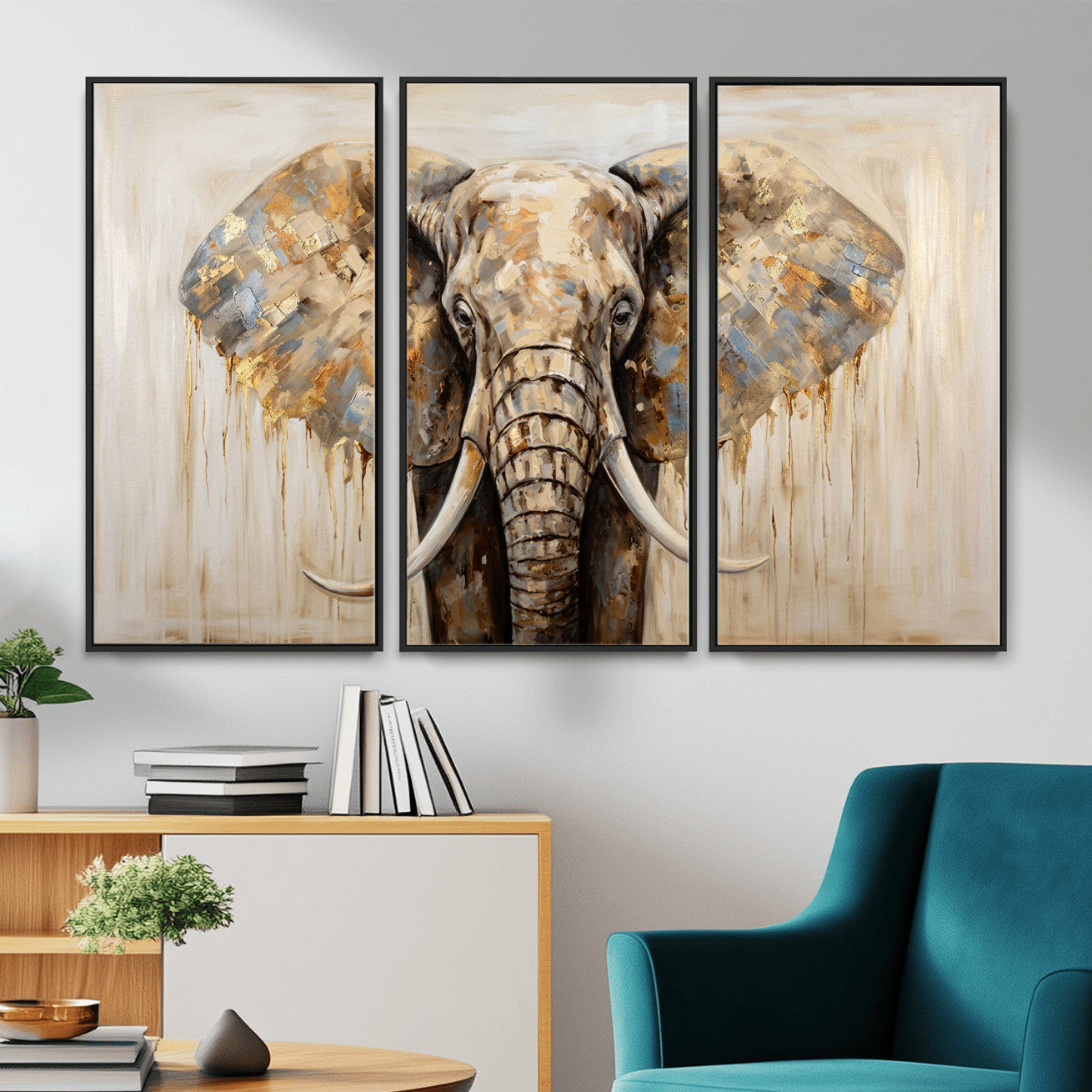 95819221-MGV-CV-36X24 - Gold Leaf Elephant Canvas Wall Art Abstract African Wildlife Painting Print